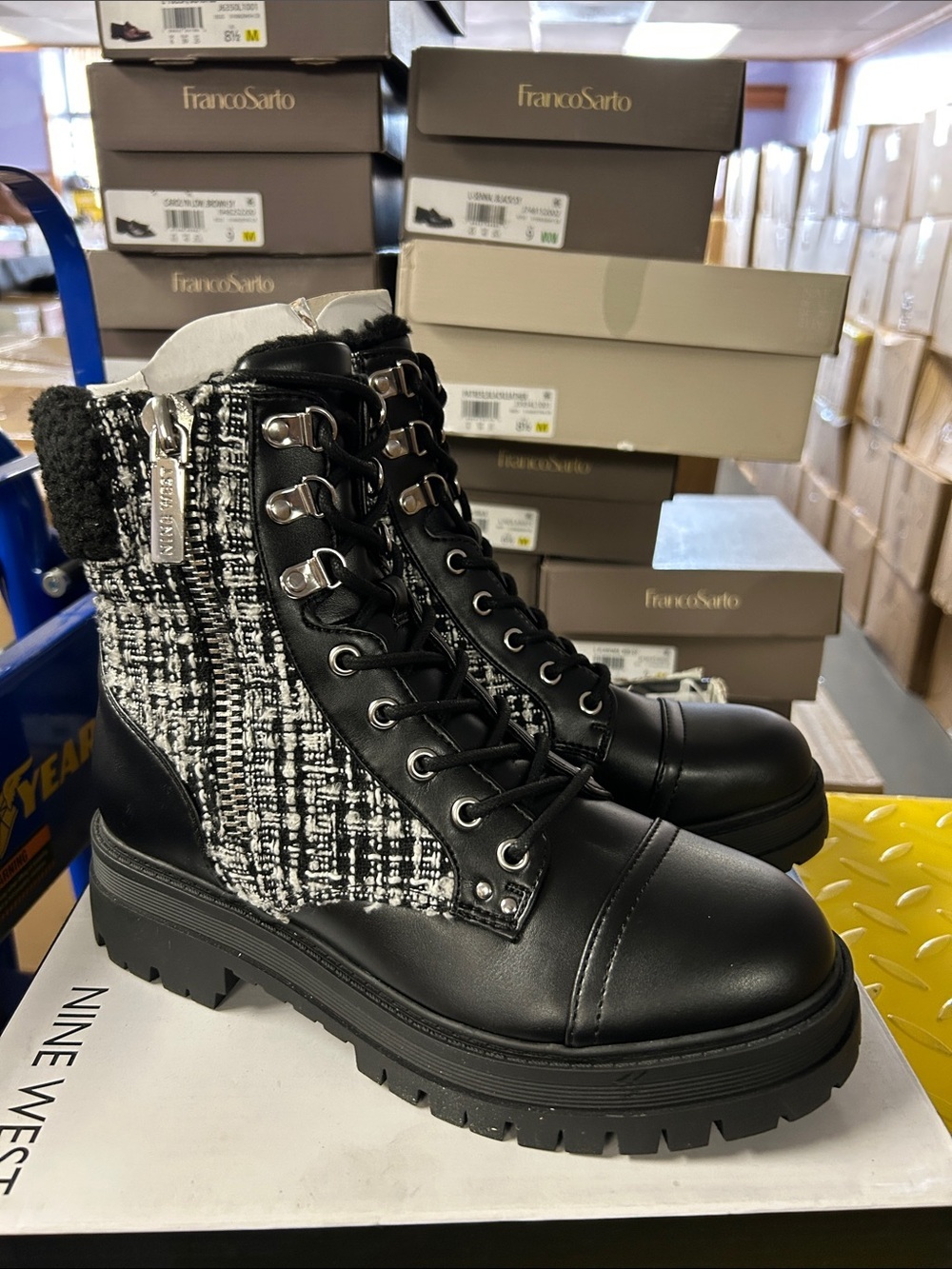 Nine West Black and White Tweed Lace-Up Moto Boots